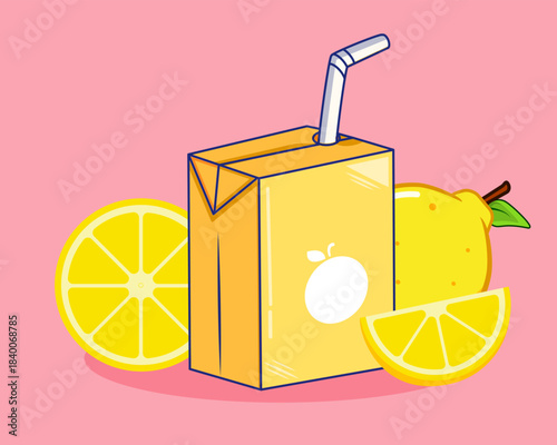 Lemon Juice Box with Fresh Lemons Vector Illustration Cartoon Design