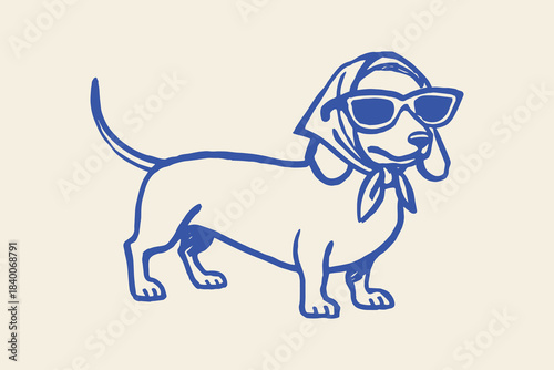 Dachshund in scarf and sunglasses cartoon sketch vector illustration