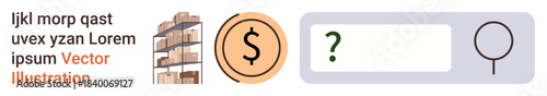 E-commerce, financial management, search tools, storage solutions, digital navigation, market research. Warehouse shelves, dollar icon question mark magnifying glass. E-commerce and financial