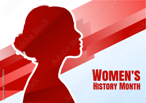Women's history month banner, female silhouette profile in red