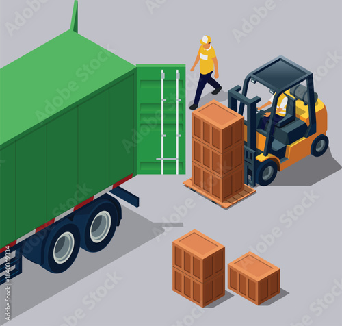 Forklift loading wooden boxes into container truck