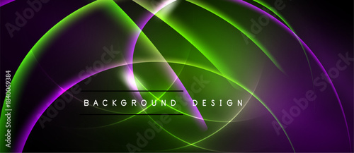 Abstract neon curves blend purple, green hues. Dynamic lighting creates futuristic background design. Smooth gradients offer visual interest.