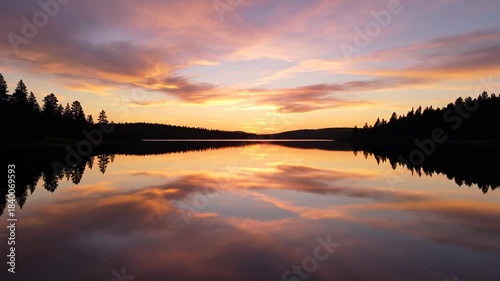 Serene Sunset Over Calm Lake Reflecting Vibrant Sky and Silhouetted Trees.