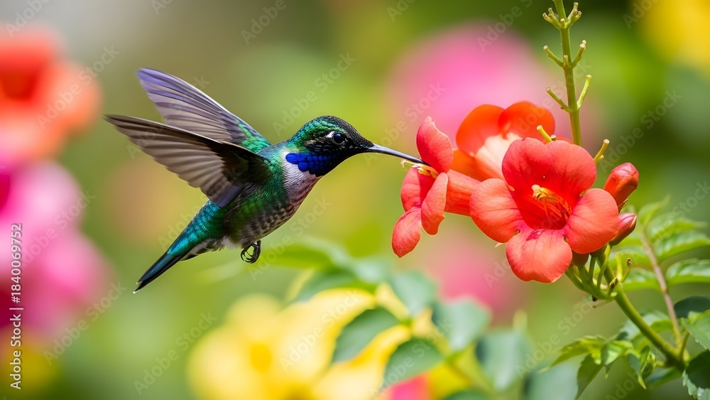 Naklejka premium Hummingbird Sipping Nectar from a Red Flower
