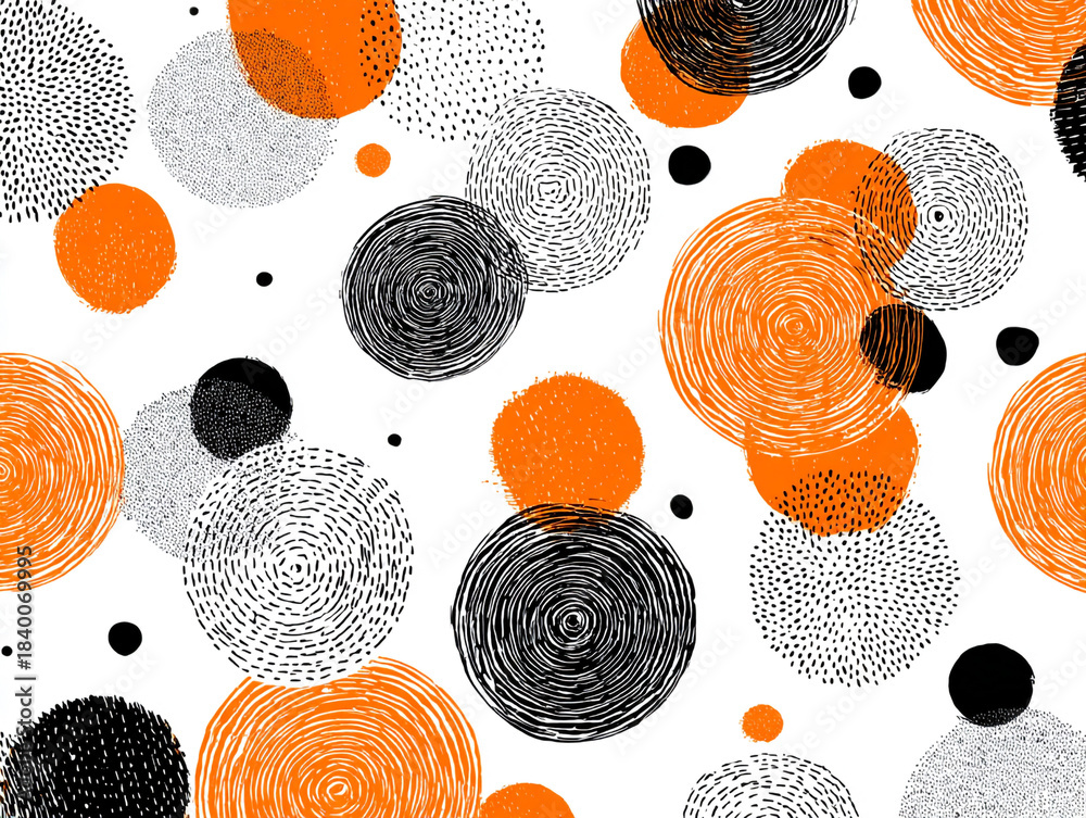 Minimal atomic-inspired patterns, orange and monochrome vector composition, isolated on white background