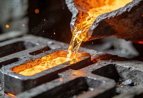 Molten metal, glowing bright orange and yellow, being poured from a crucible into ingot molds.