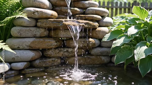 Serene Garden Waterfall with Lush Greenery and Natural Stone.