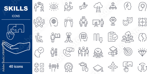 40 Line Style Skills Icons Professional Ability, Training and Problem Solving Symbols