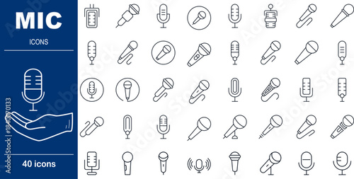40 Line Style Microphone Icons Podcasting, Broadcasting and Live Recording Symbols