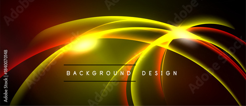 Dynamic abstract design features flowing curves, vibrant colors. Bright focal point radiates energy, creating modern visual impact.