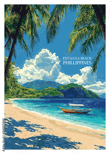 Beautiful Entalula Beach in Philippines vector illustration, ideal for travel posters, tourism designs, and summer promotions; fully editable and scalable.