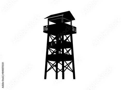 Silhouette of a wooden observation tower with a roof and multiple levels.