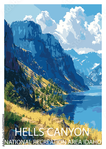 Scenic vector illustration of Hells Canyon, Idaho, capturing the majesty of the deep gorge and river, perfect for nature and adventure-related projects.