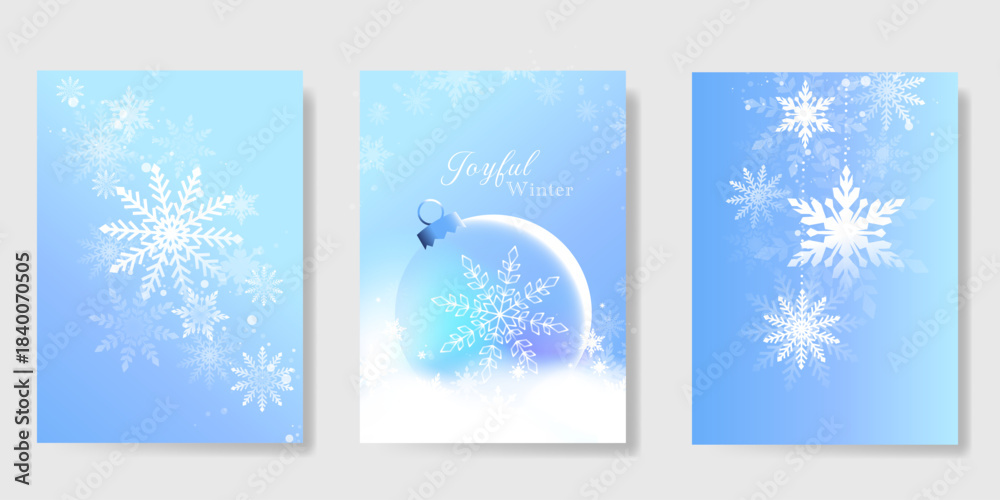 Fototapeta premium Winter and Happy holiday greeting card vector set. Elegant wallpaper with pine leaves, pinecone, snowflake. Holidays design illustration for cover, print, poster, Happy New Year, ads. 