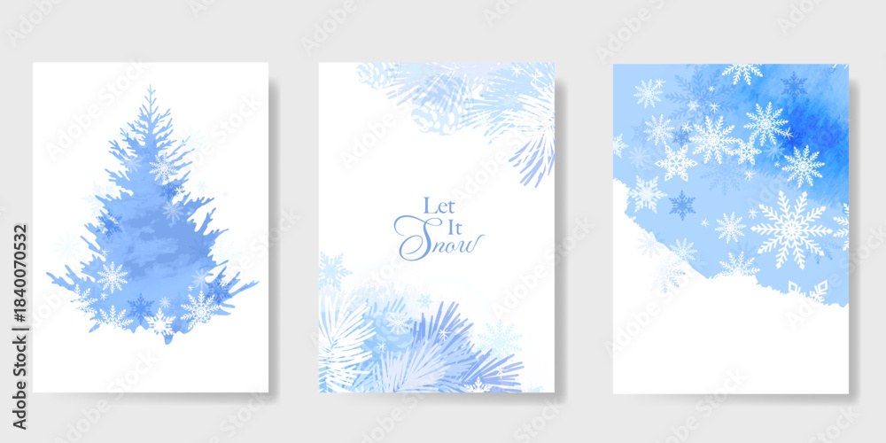 Obraz premium Winter and Happy holiday greeting card vector set. Elegant wallpaper with pine leaves, pinecone, snowflake. Holidays design illustration for cover, print, poster, Happy New Year, ads. 