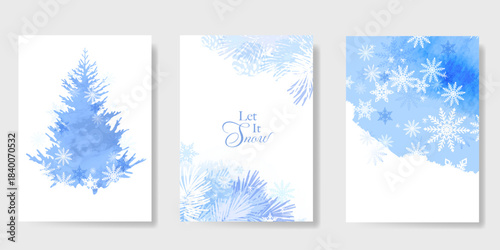 Winter and Happy holiday greeting card vector set. Elegant wallpaper with pine leaves, pinecone, snowflake. Holidays design illustration for cover, print, poster, Happy New Year, ads. 