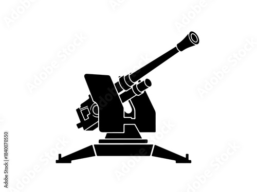 Black and white silhouette of an anti-aircraft gun on a tripod mount, aiming upwards.