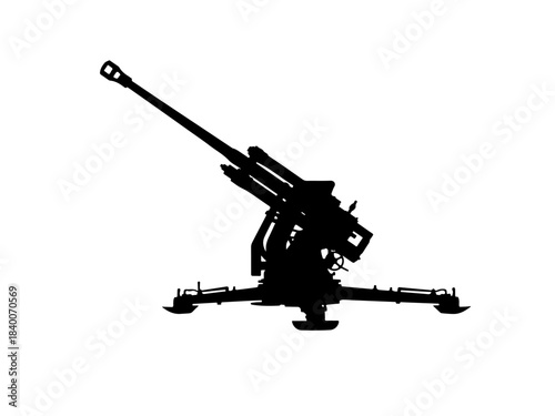 Silhouette of an anti-aircraft gun, a powerful military weapon designed for defense against aerial threats.