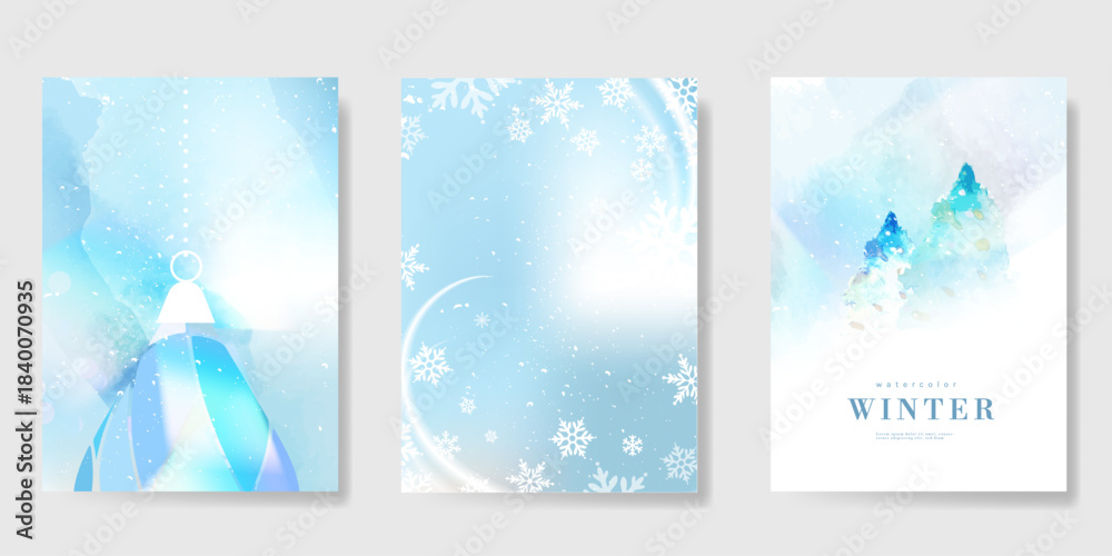 Obraz premium Winter and Happy holiday greeting card vector set. Elegant wallpaper with pine leaves, pinecone, snowflake. Holidays design illustration for cover, print, poster, Happy New Year, ads. 