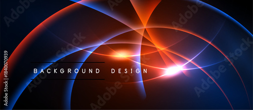 Abstract design features vibrant blue, orange lines. Dynamic curves create futuristic feel. Dark background emphasizes glowing elements.
