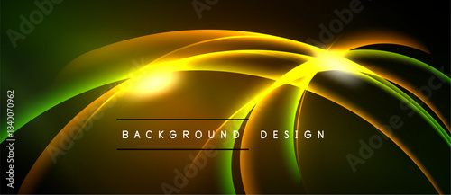 Abstract vibrant design features flowing lines, bright yellow center, green edges. Dark background enhances luminosity, creating dynamic visual effect.