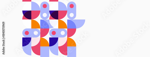 Abstract geometric shapes, colorful overlapping forms, modern design, minimalist aesthetic. Bright hues create playful composition.