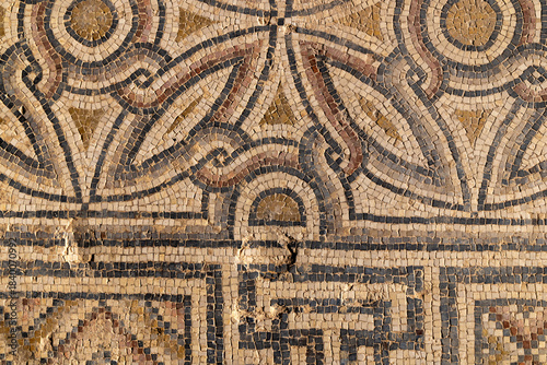 Close view of an ancient floor mosaic with weathered tesserae forming geometric diamond motifs, ideal for archaeology themes, art history contexts, texture uses and Mediterranean heritage 