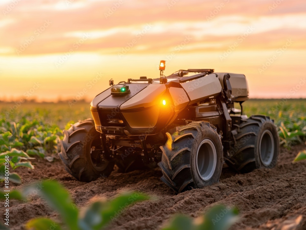 Fototapeta premium Robot works in a field during sunset with clear skies and visible crops in the background