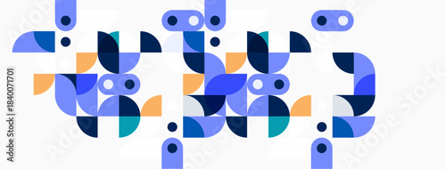 Abstract geometric pattern. Circles, semicircles, shapes create floral design. Blue, orange hues dominate composition. Minimalist style.