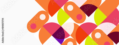 Abstract colorful shapes overlap, creating vibrant pattern. Circles, semicircles dominate composition, offering modern aesthetic.