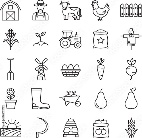 Farming and Agriculture Outline Icons Set - Rural Life Elements