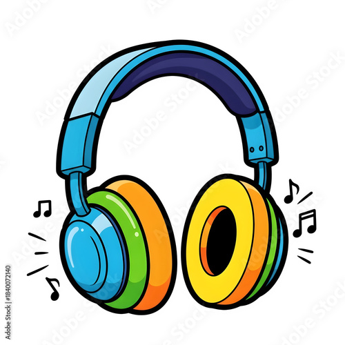Colorful cartoon illustration of over ear headphones on a black background