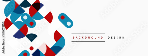 Abstract geometric shapes overlap, creating vibrant background. Red, blue, black colors dominate white space. Modern design element.