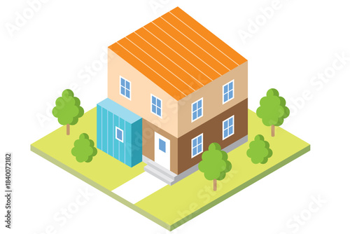 スタイリッシュでかわいい一戸建てマイホームのアイソメトリックイラスト