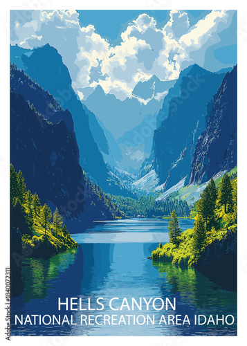 Dramatic vector illustration of Hells Canyon, Idaho, showcasing the steep gorge and river, ideal for travel, nature, and adventure-themed designs.