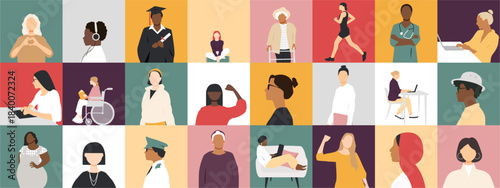 Women together. Modern colourful banner with women's icons. 