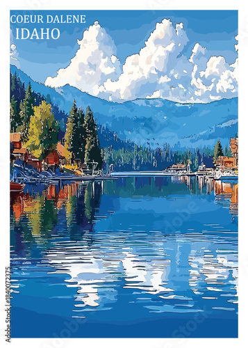 Picturesque Coeur D'Alene Idaho lakeside homes vector illustration with serene water reflections and dramatic cloudscape, a perfect getaway destination