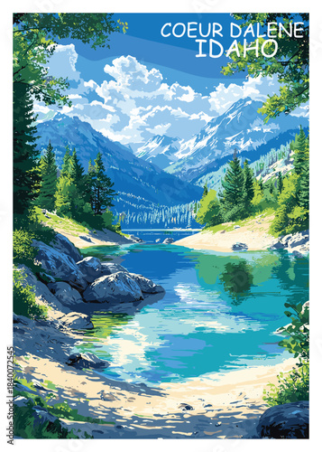 Majestic Coeur D'Alene Idaho landscape vector illustration featuring a pristine lake surrounded by lush forests and snow-capped mountains