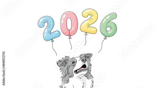 Vector illustration of a grey dog looking up at colorful balloons spelling out '2026' on a white background with a happy new year theme.