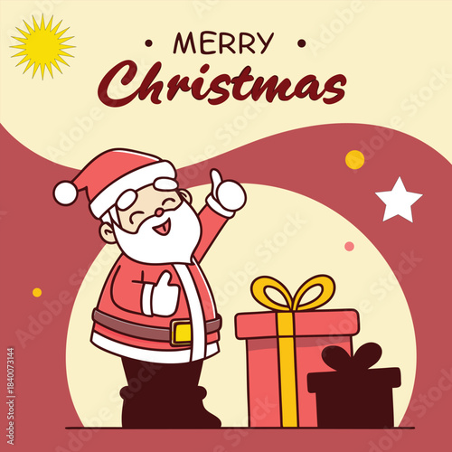 Merry christmas illustration with santa claus and gift boxes,  A cheerful cartoon Santa Claus gives a thumbs up next to a wrapped gift box, wishing everyone a Merry Christmas.