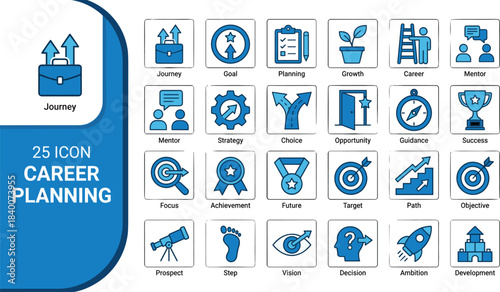 Career planning icon set featuring goals, growth, mentorship, strategy, achievement, opportunity, ambition, and professional development symbols for personal success