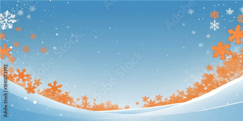 Abstract orange background with copy space for a winter holiday card illustration featuring cold blue snowflakes and a Christmas tree scene