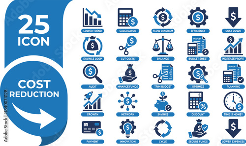 Cost reduction icon set featuring budgeting, savings, optimization, efficiency, expense control, financial planning, profit increase, and money management elements