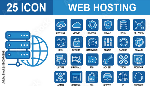 Web hosting icon set featuring server management, cloud storage, security, DNS, bandwidth, configuration, and network technology elements for digital infrastructure