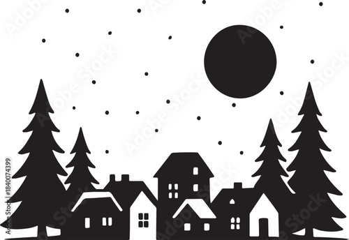Winter Village Silhouette with Pine Trees and Moon on Starry Night.