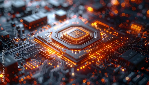 Macro view of a complex dark circuit board, highlighted with orange glow, showcasing intricate design and technology
