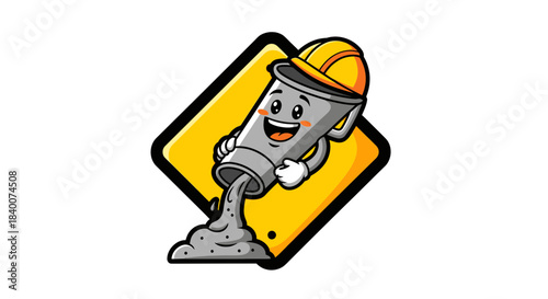 A Cheerful Mascot Concrete Pouring From Cartoon Cement Mixer Icon Design
