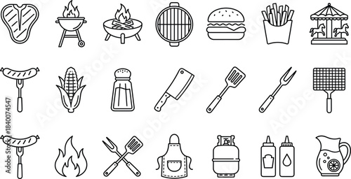 Barbecue, grill, food, meat, flame, cooking, utensil, icon, sausage, steak, burger, vector, illustration, CAD, drawing, flat, design, template, picnic, outdoor
