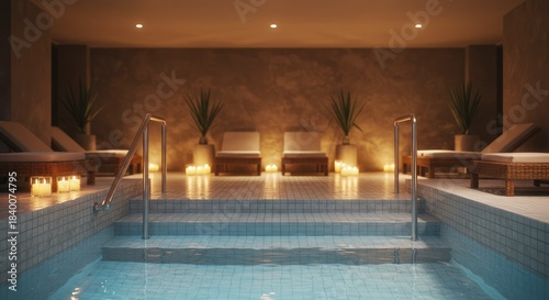 Tranquil spa pool area with warm lighting