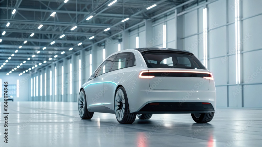 Obraz premium A sleek, modern electric car is parked inside a spacious, well-lit facility with futuristic design elements.